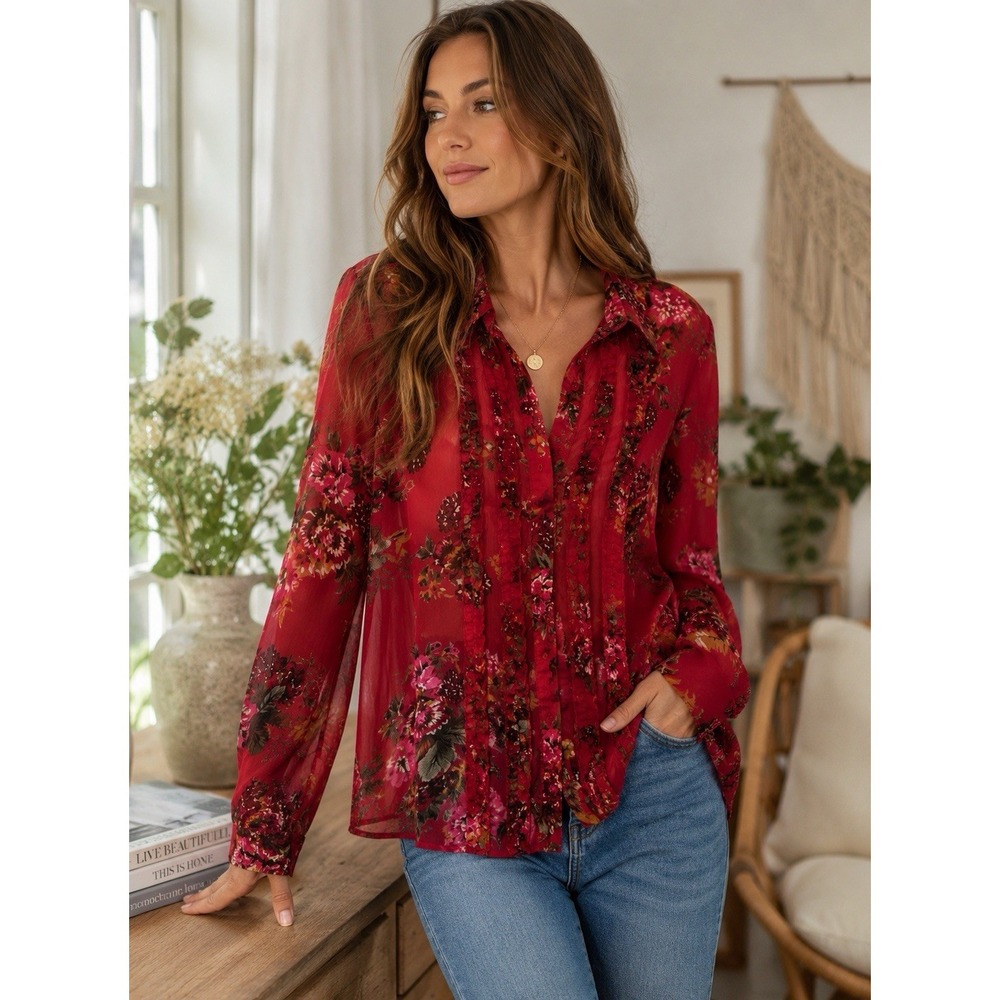 Koret Sheer Floral Ruffle Blouse Women's 14 Red Pink Boho Chiffon Button‎ Front